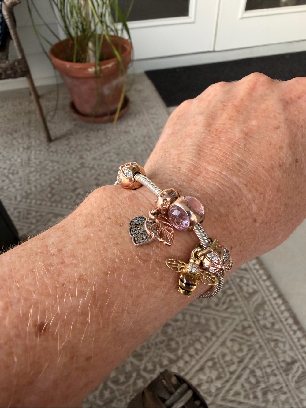 2 Pandora Two-Tone Charm Bracelets with Rose Gold Floral Charms & Gold Bee - Picture 8 of 15